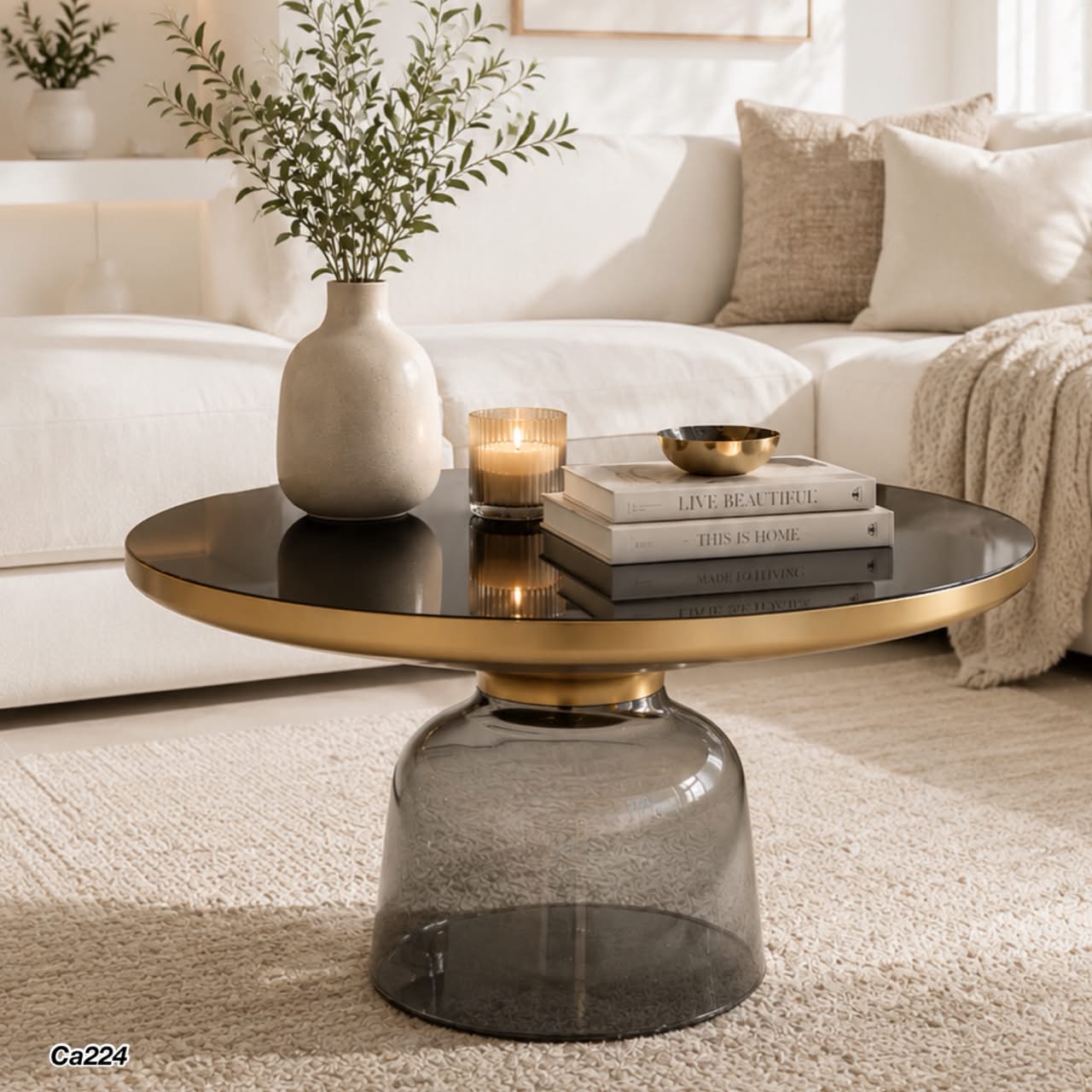Mesa auxiliar vidrio templado gris detalles dorados 75cm* 36cm